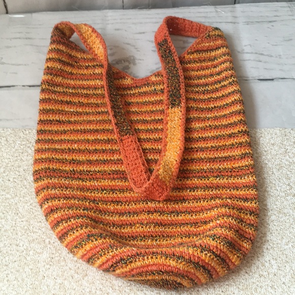 Handmade Handbags - Vintage Macrame Crochet Hobo Bag Orange Yellow Green Festival Handmade